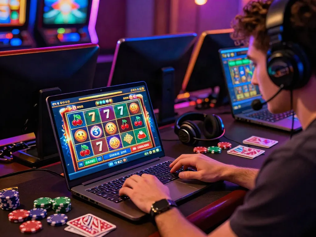 A player experiencing slots not on GamStop in a vibrant gaming room.