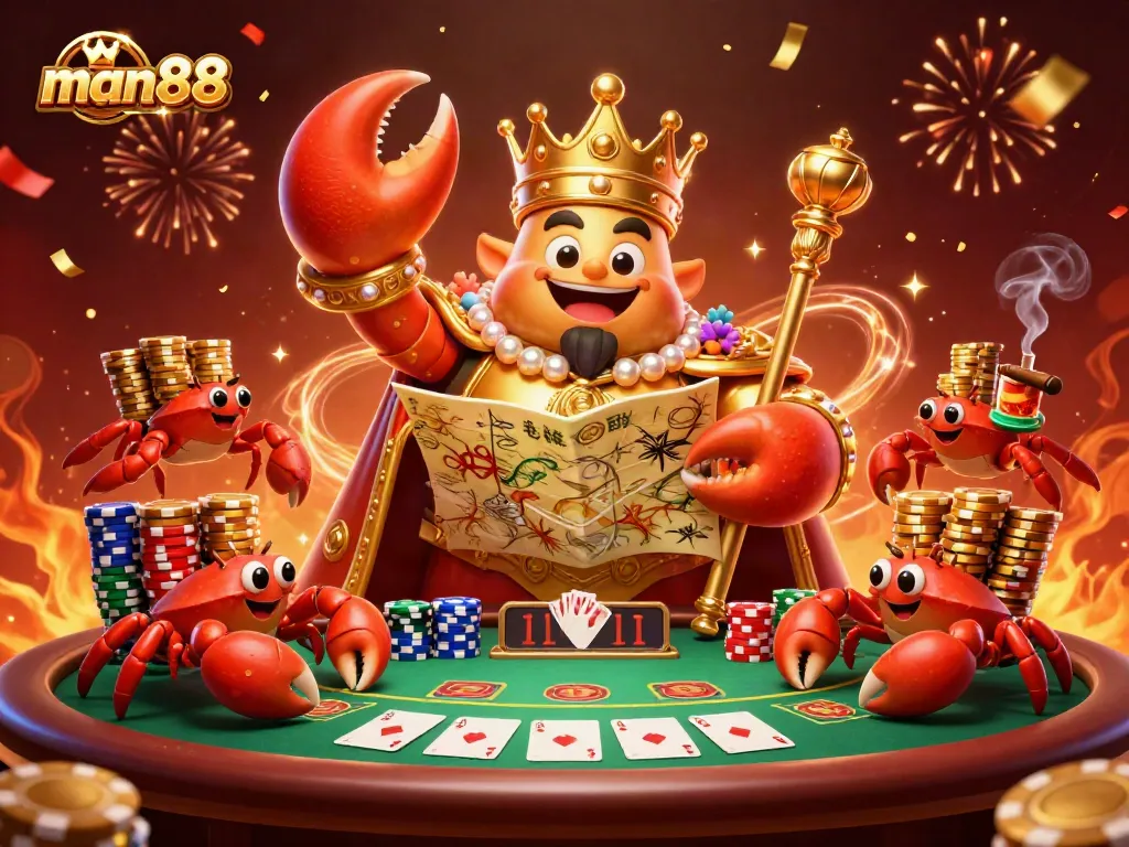 Experience thrilling games at man88 with a golden crab emperor and poker excitement!