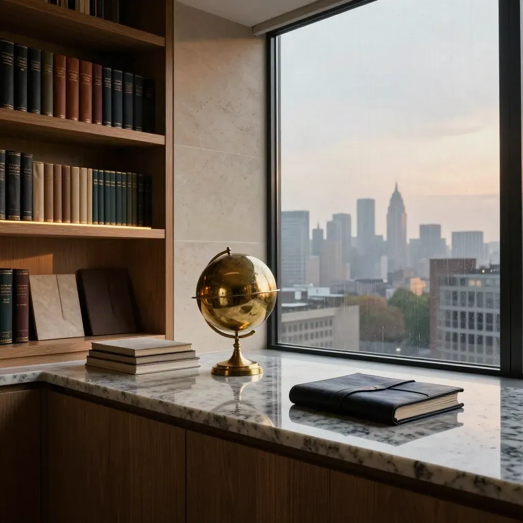 Mayfair capital suite with brass globe, folios and city haze at blue hour