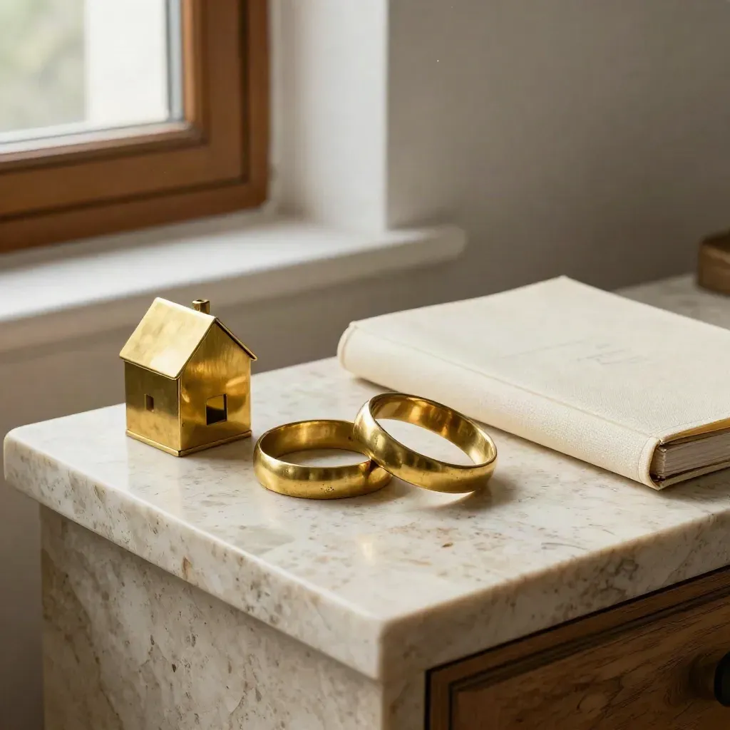 Brass rings, house form, and closed cream ledger on travertine in warm window light.