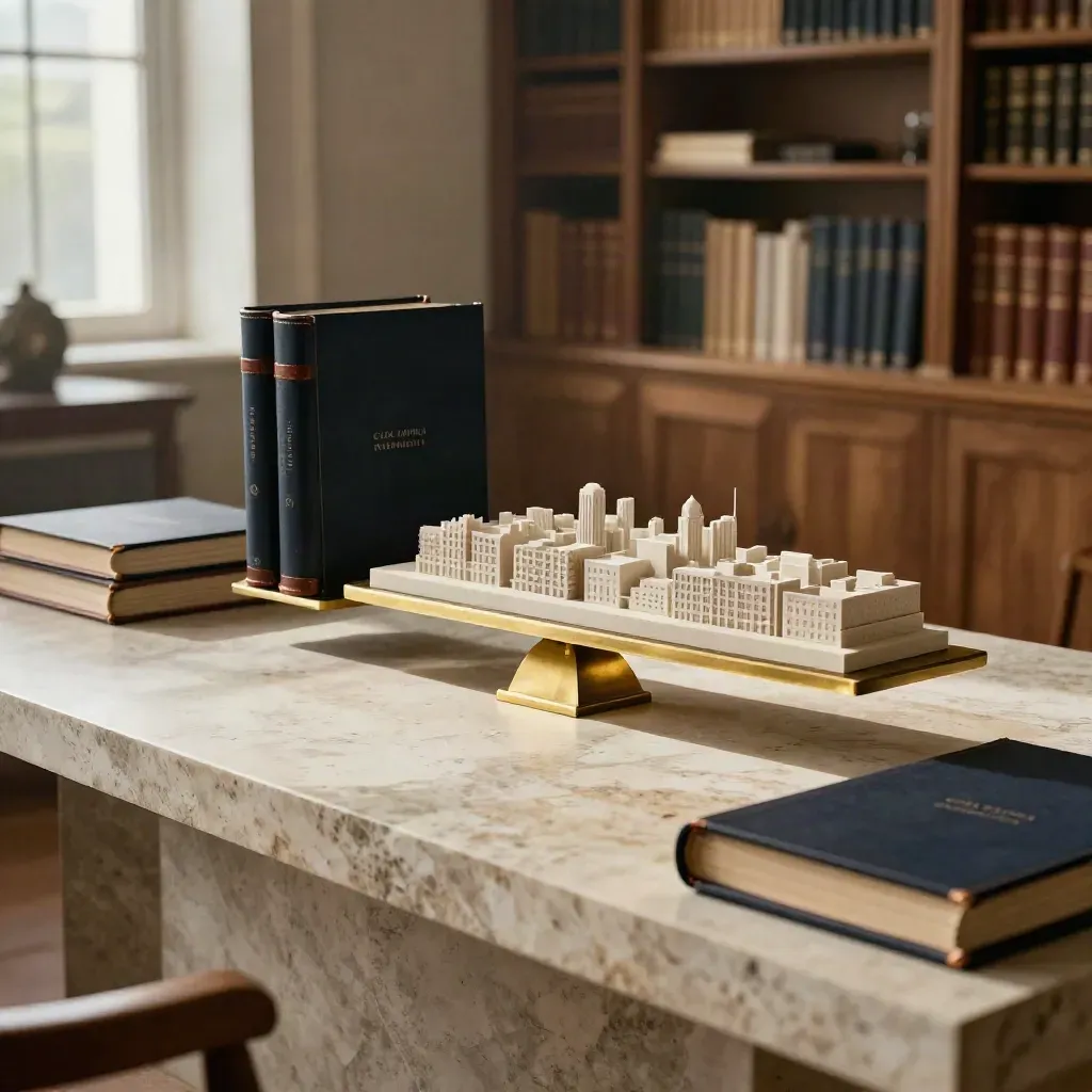 Stone strategy model with brass spacers, folios and a miniature maquette in soft daylight.