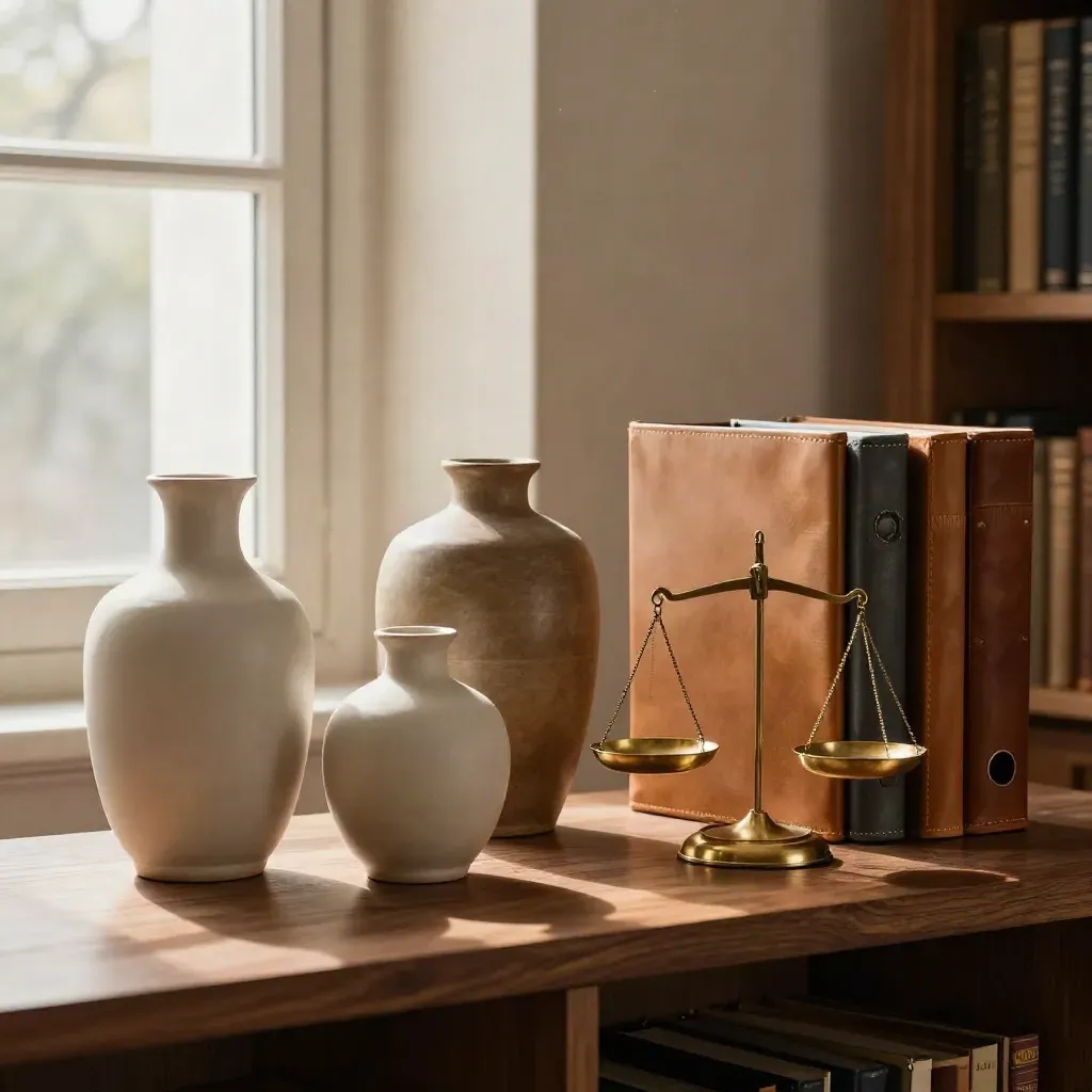 Walnut shelf with ceramic vessels, brass balance scale, and leather binders in warm window light.
