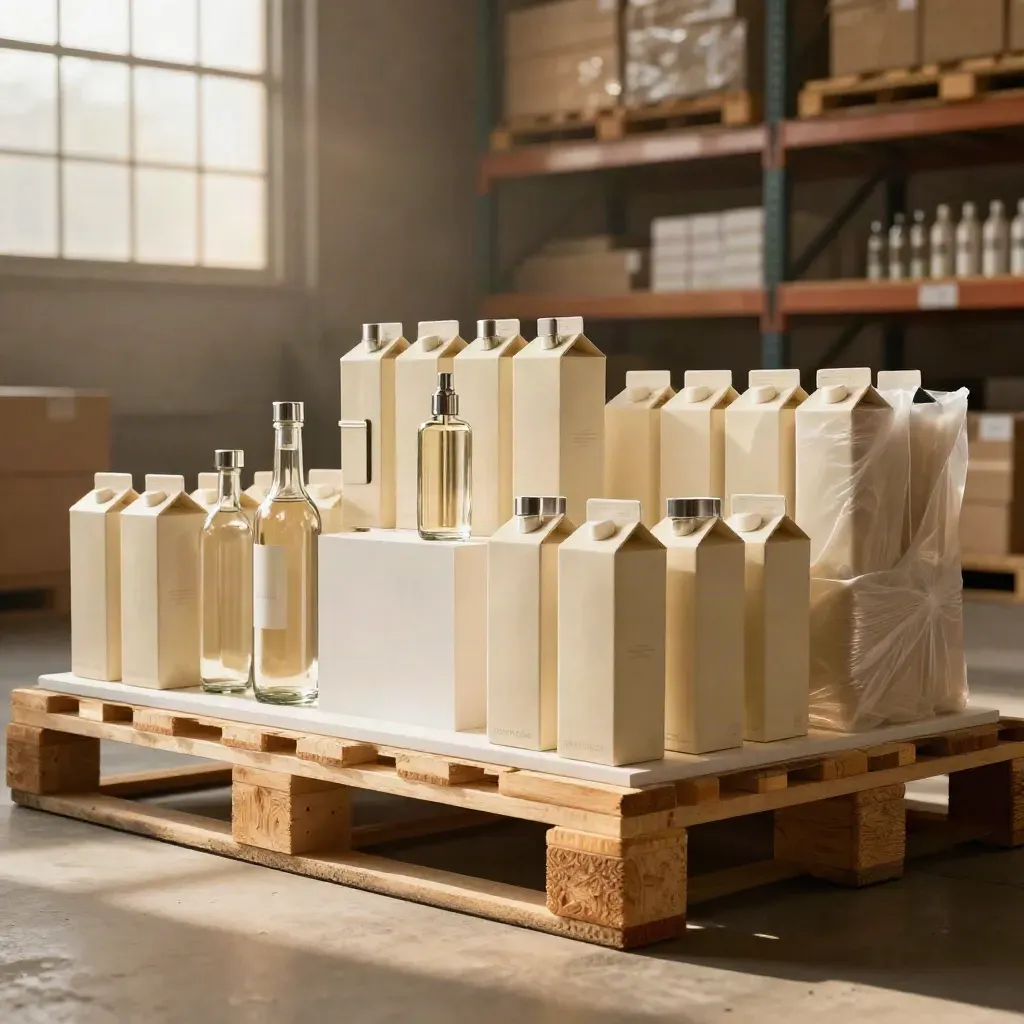 Sealed bottles and cartons on a lit plinth in a warehouse studio, ready for launch.