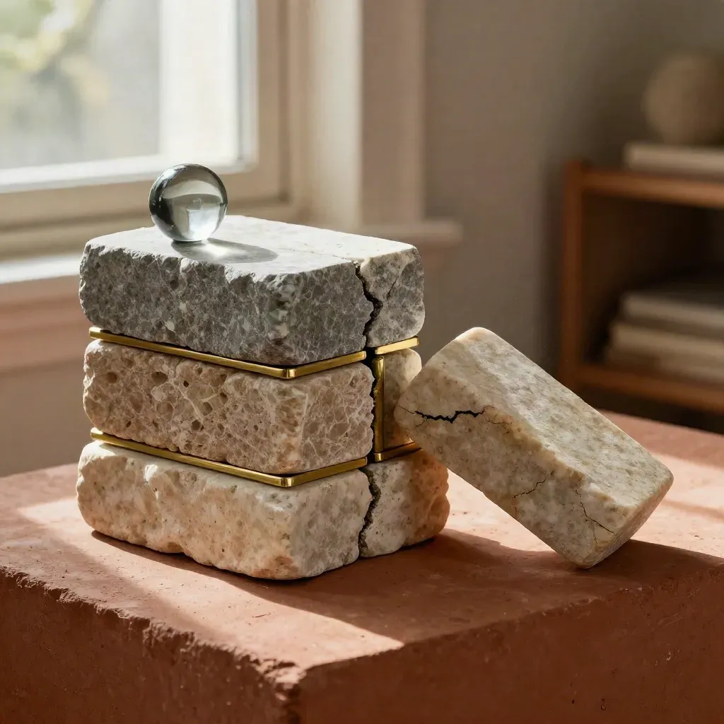 Stone blocks with brass spacers and glass weight on a terracotta plinth