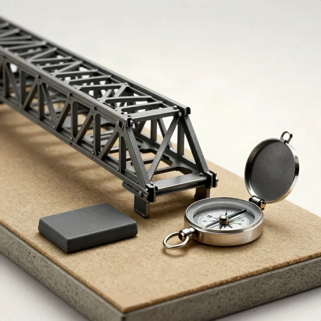 Miniature steel bridge segments with a polished compass and graphite clips on a felt board.