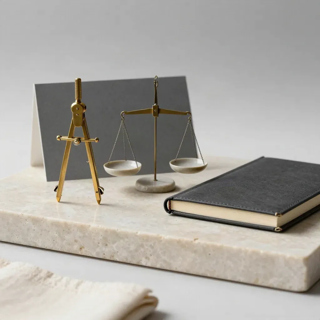 Brass compass, balance scale and charcoal notebook on pale stone with soft side light