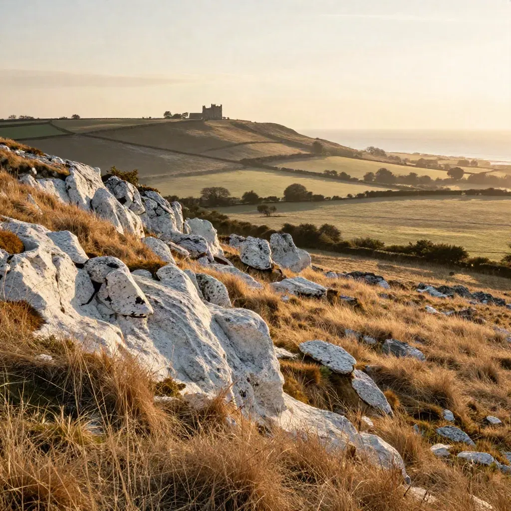 Golden-hour chalk downs and a manor silhouette over South East England haze