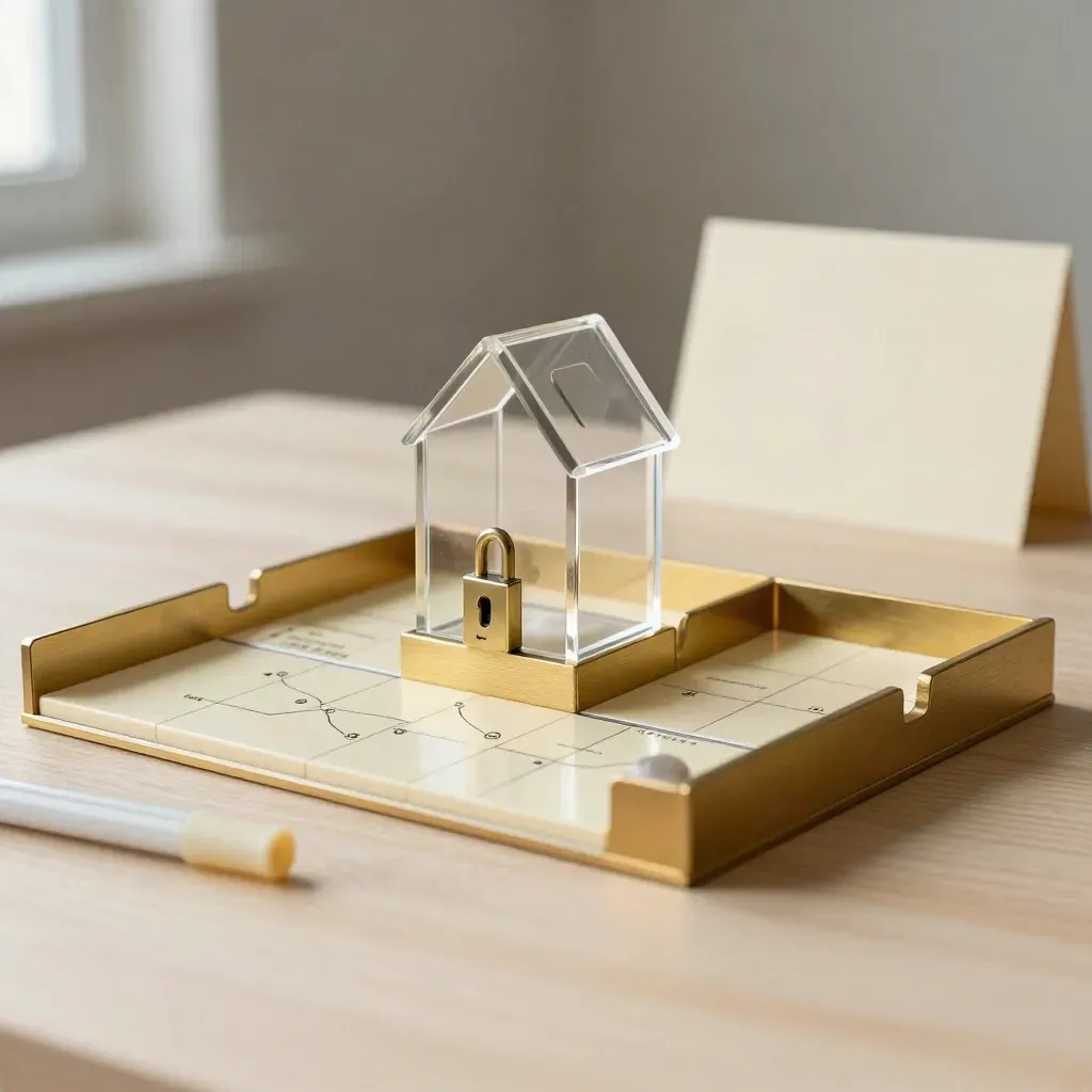 Brass dividers and cream blocks with a clear acrylic house model on pale wood