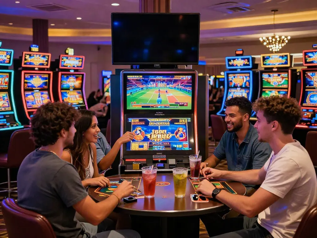 Friends enjoying slots not on gamstop in a lively casino atmosphere.