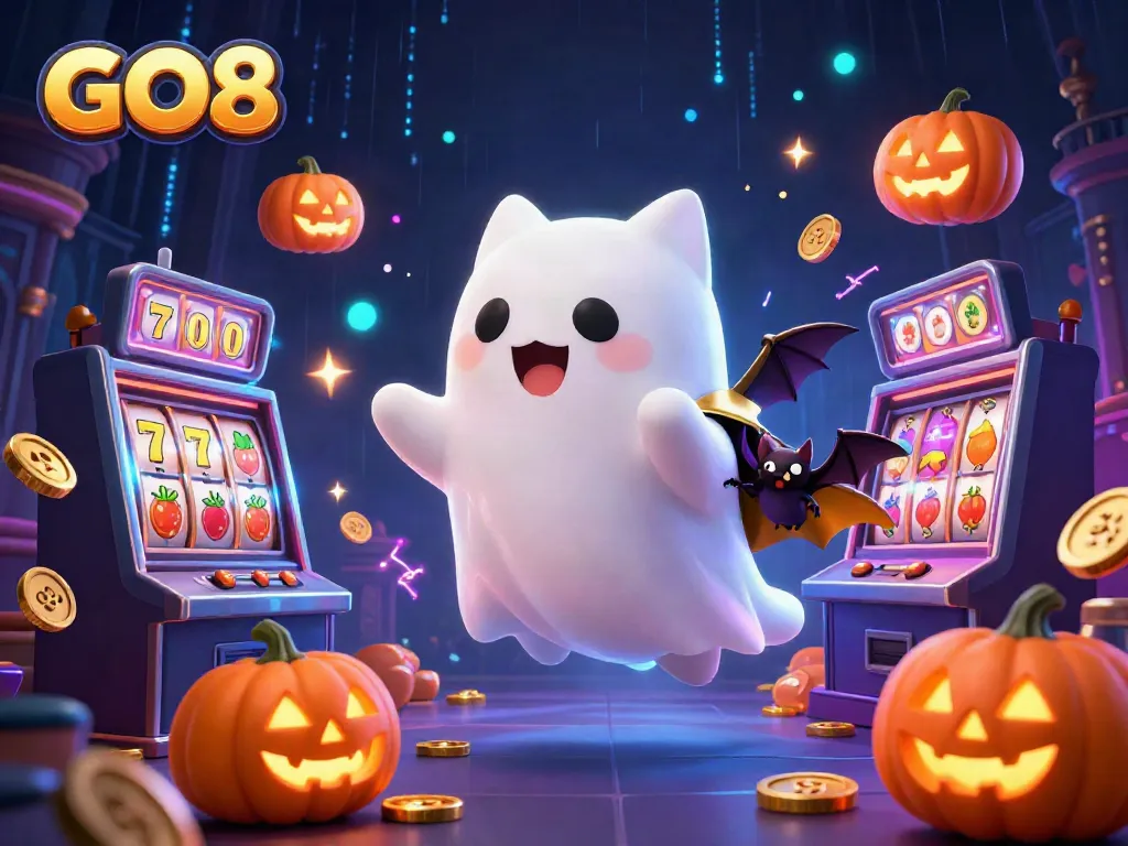 Engaging scene showcasing GO8's animated ghost cat and bat amidst a rich haunted casino environment.