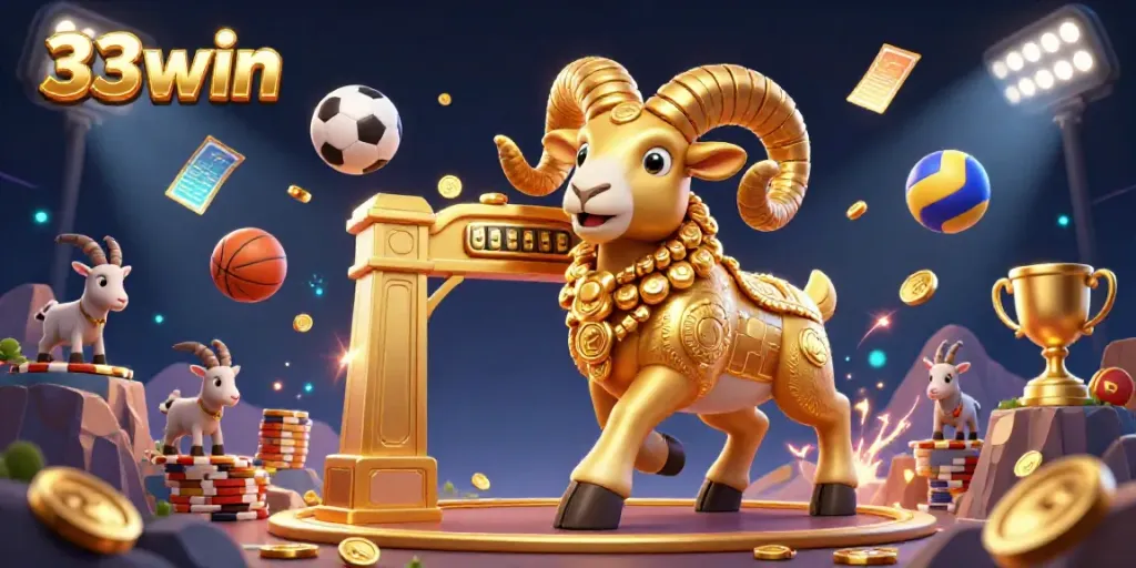 Experience thrilling wins with a golden ram at the 33win casino, surrounded by dynamic sports betting elements.
