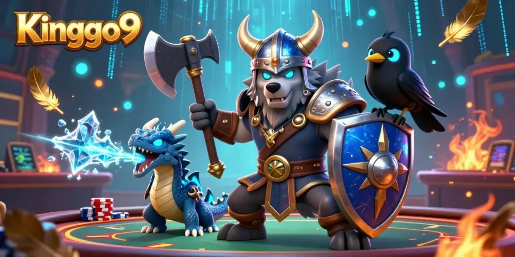 Kingo9 offers an exciting gambling experience with a Viking warrior, fierce dragon, and glowing raven amidst a vibrant casino backdrop.