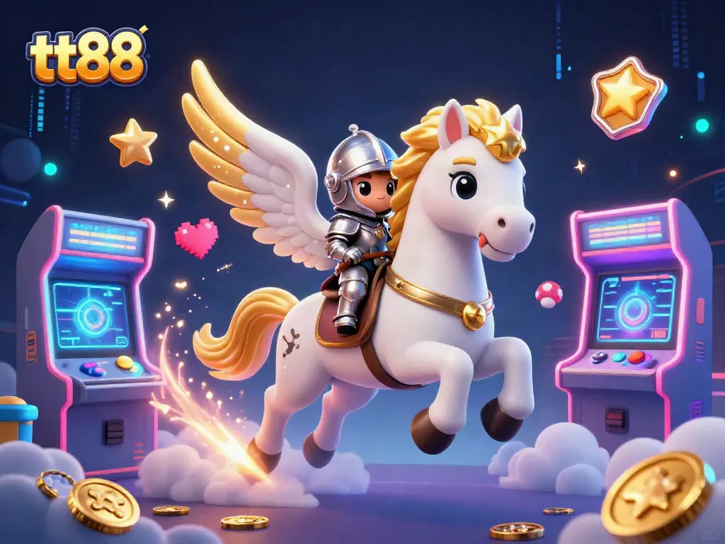tt88 offers a magical gaming experience with a celestial horse and knight in a vibrant casino setting.