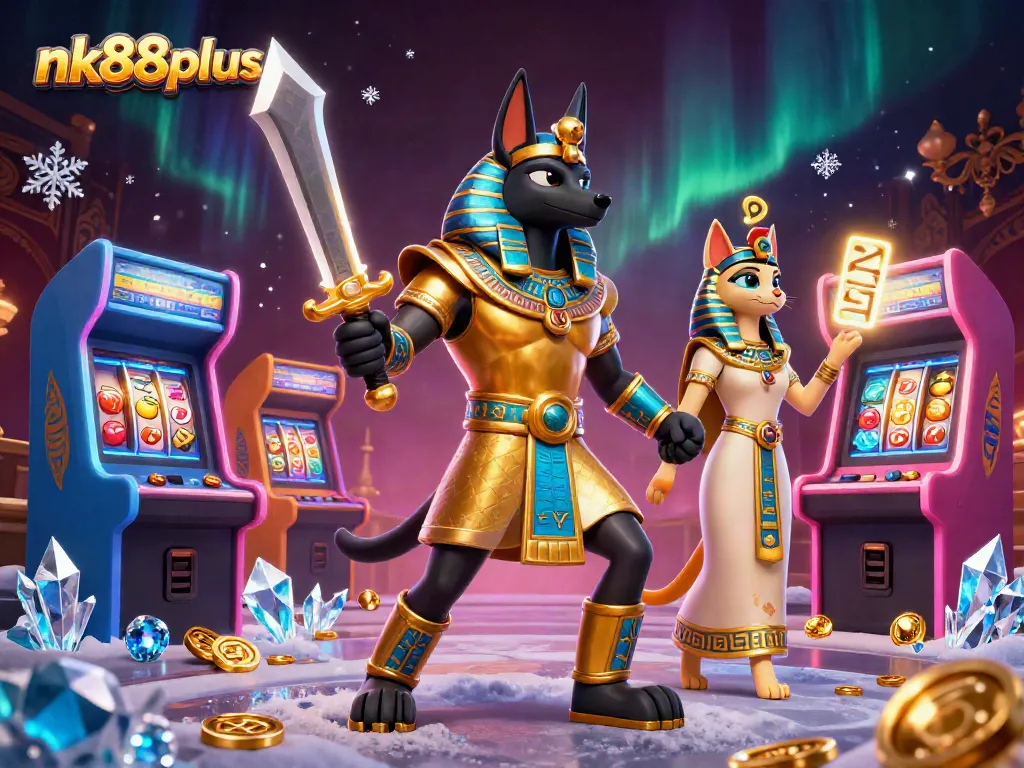 Engage with dynamic slot reels and prizes in a vibrant nk88plus casino illustration.