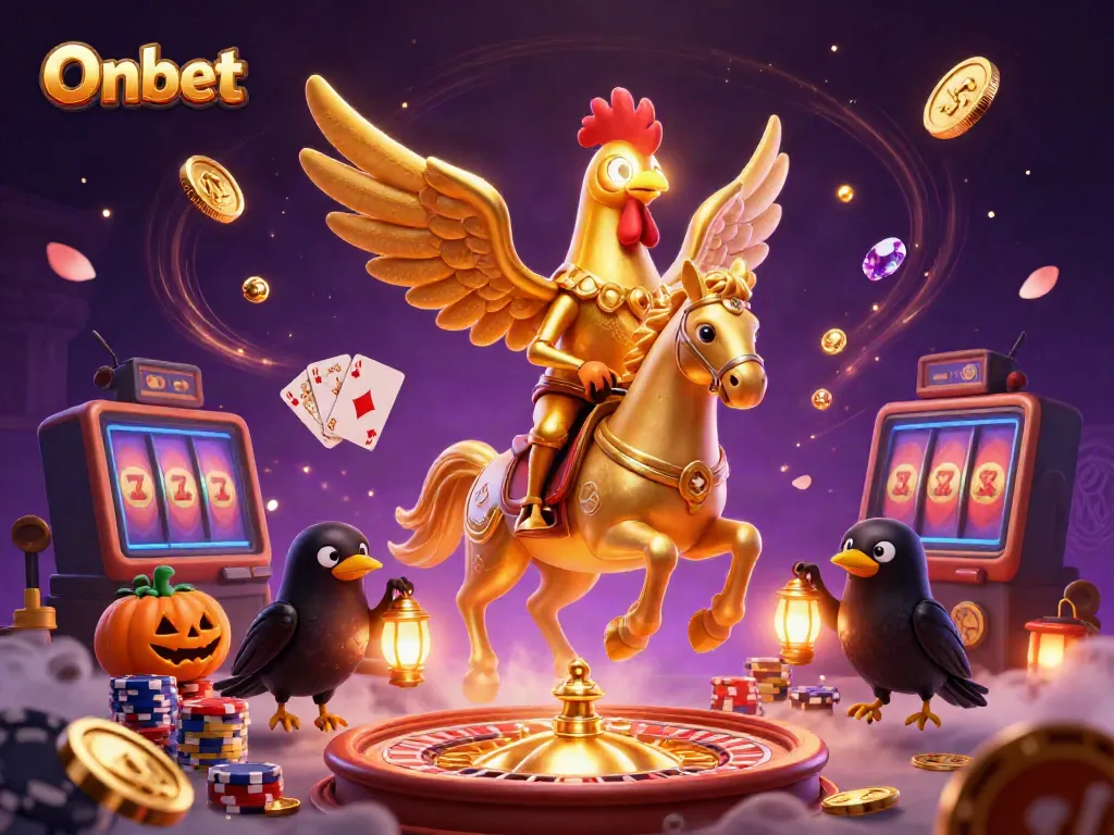 Onbet features a golden rooster and spectral companions in a vibrant casino scene, showcasing winning possibilities.