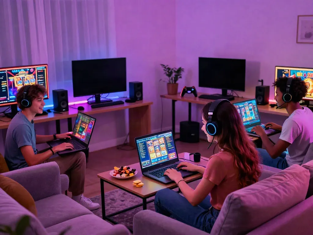 Exciting gaming scene with friends playing slots not on gamstop in a modern living room.