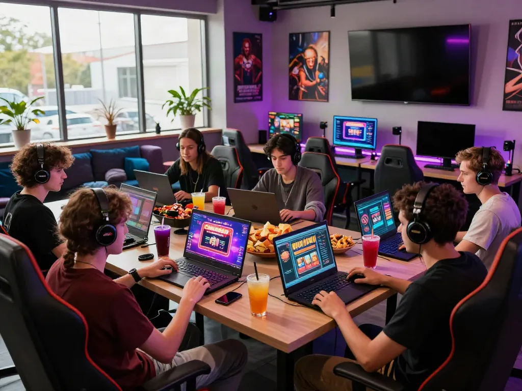 Friends enjoying online slots not on GamStop in a modern gaming lounge.