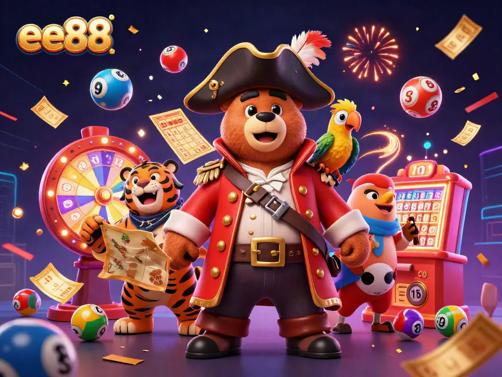 Engage with ee88's lively 3D cartoon casino scene, featuring playful characters in a dynamic lottery setting.