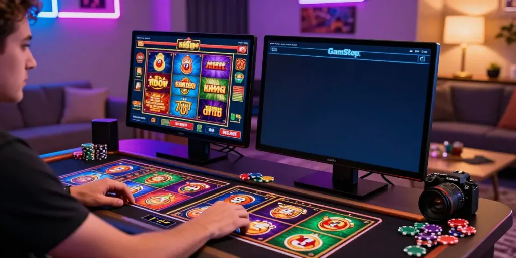 Player enjoying slots not on gamstop at modern gaming desk with colorful interface.
