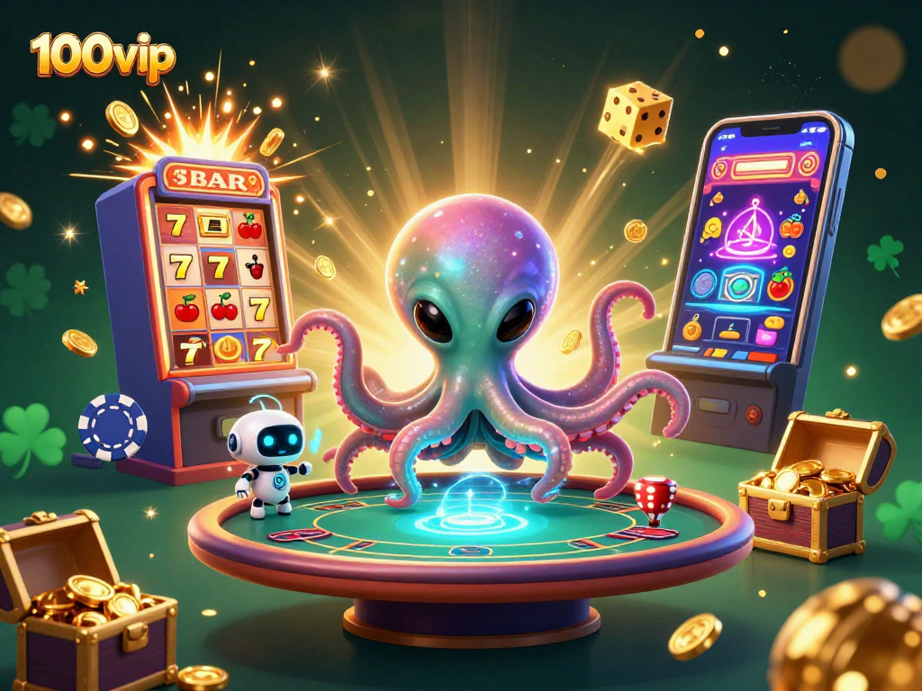Experience thrilling gameplay at 100vip with an alien octopus at a poker table amidst a cosmic jackpot explosion.