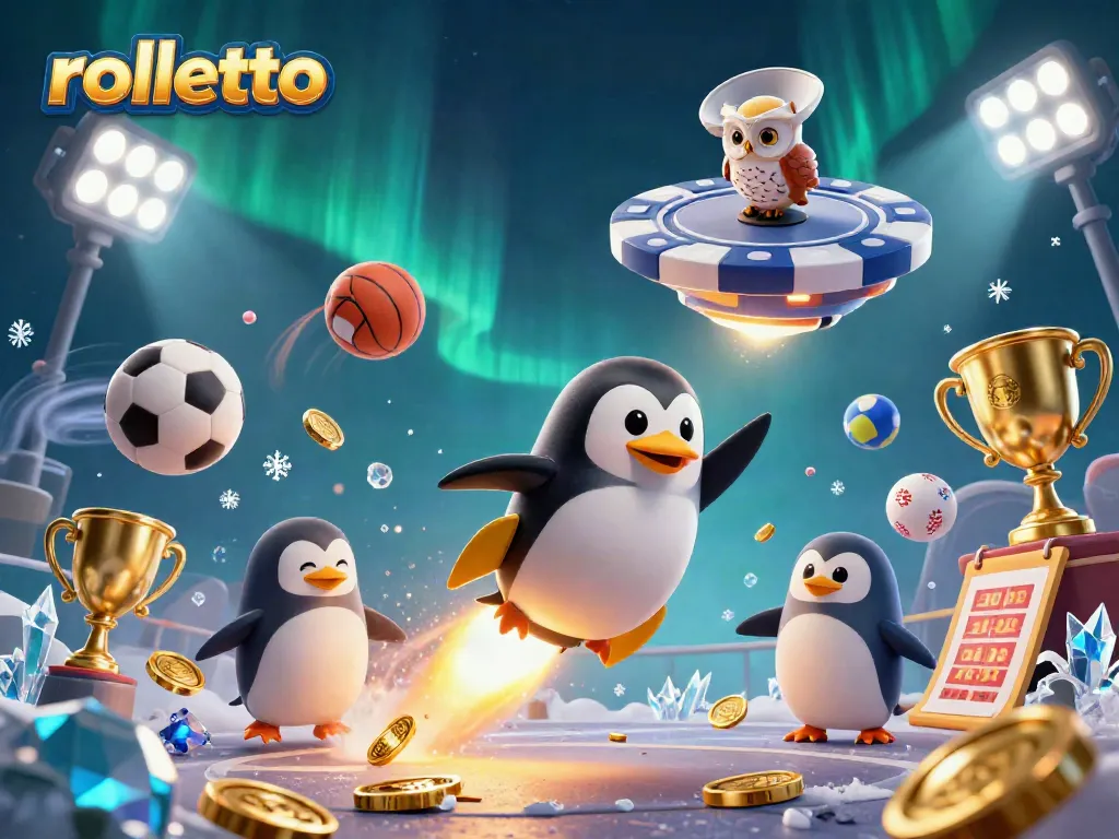 Engage with rolletto as the golden penguin navigates a vibrant casino space adventure.