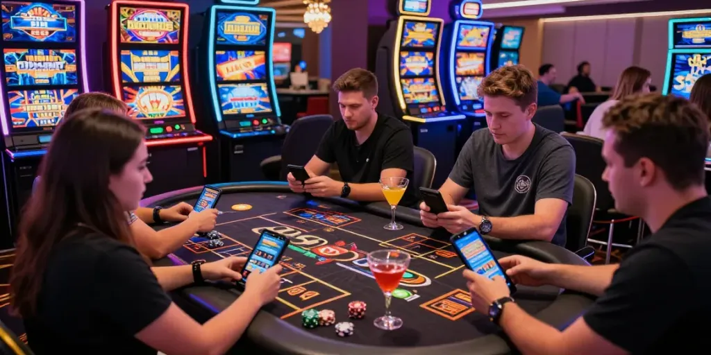 Players enjoying slots not on Gamstop at a vibrant online casino