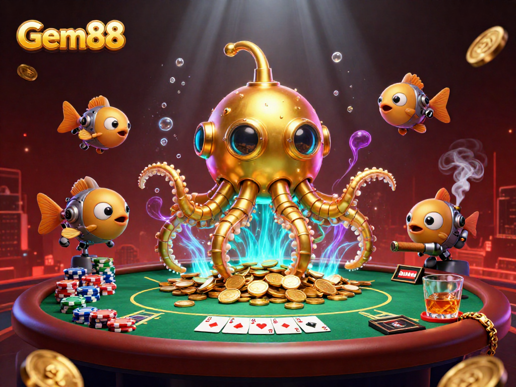 Join the adventure with Gem88, featuring a golden kraken submarine amid poker excitement and dynamic gameplay.