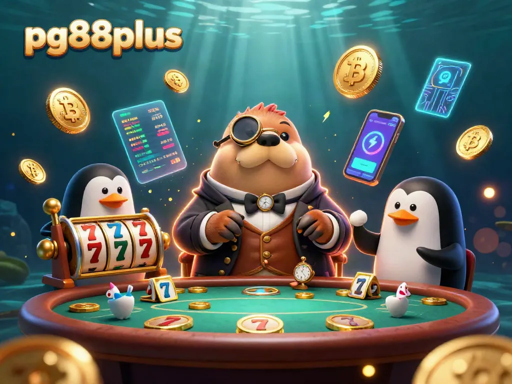 Spin the reels with pg88plus while a walrus plays poker with vibrant crypto elements.