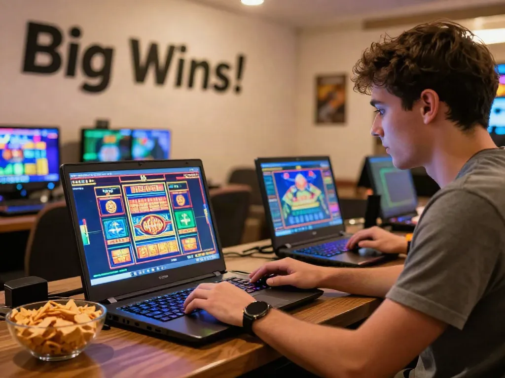 Exciting online casino scene with slots not on Gamstop, colorful lighting, and gaming setup.