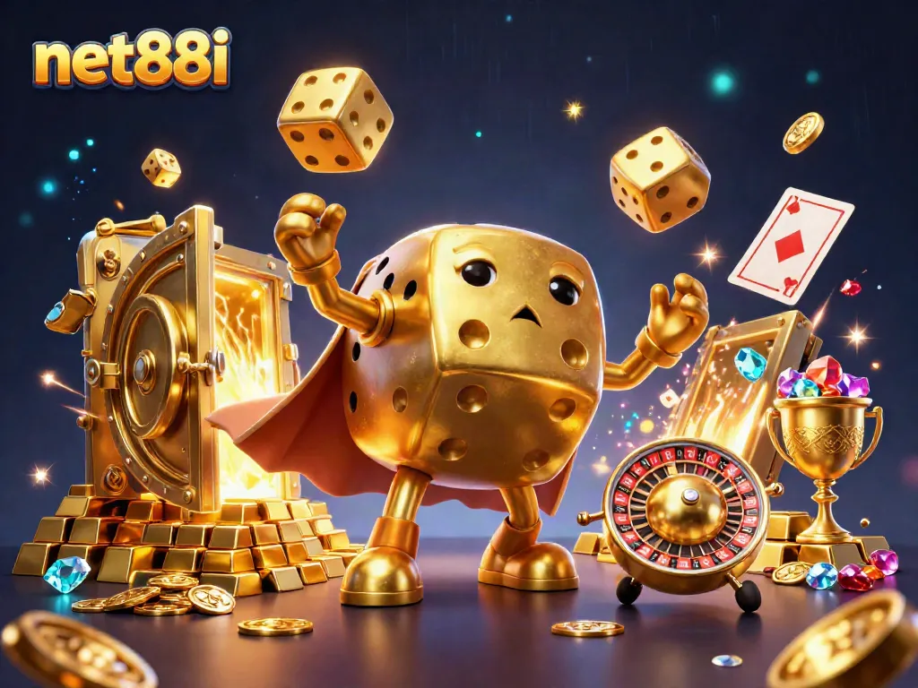 Engage with the thrilling world of net88i, experiencing dynamic gambling excitement with golden dice and treasures.