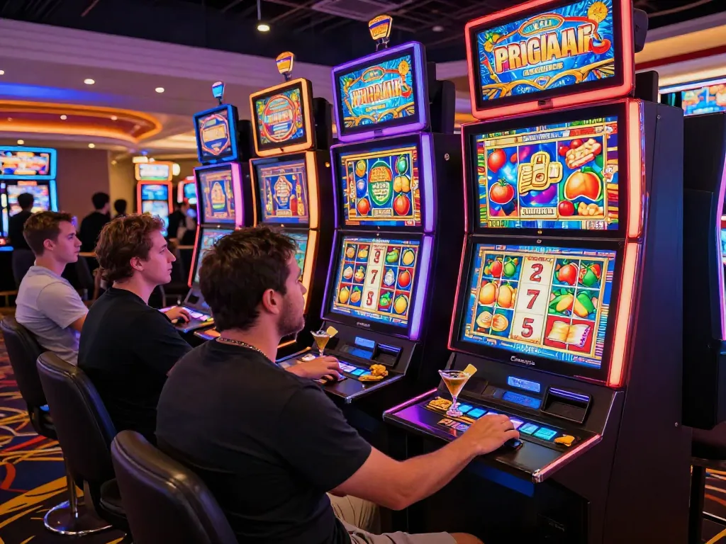 Exciting casino scene featuring players at slots not on gamstop, surrounded by colorful lights and lively ambiance.