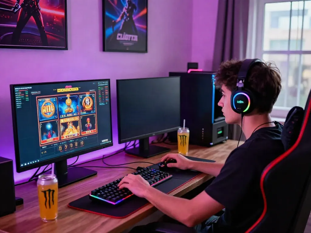 Player engaged in thrilling online gaming playing slots not on gamstop with vibrant LED setup.