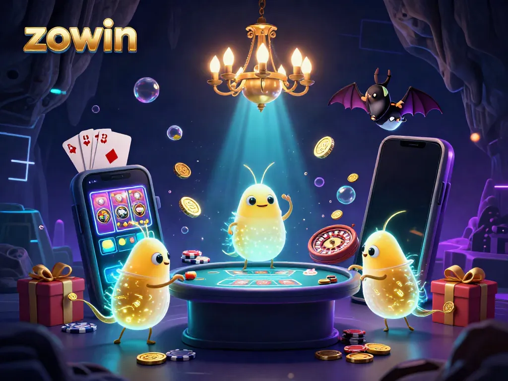 Experience the thrilling world of zowin's casino with glowing worms lighting up the game space and interactive gaming elements.
