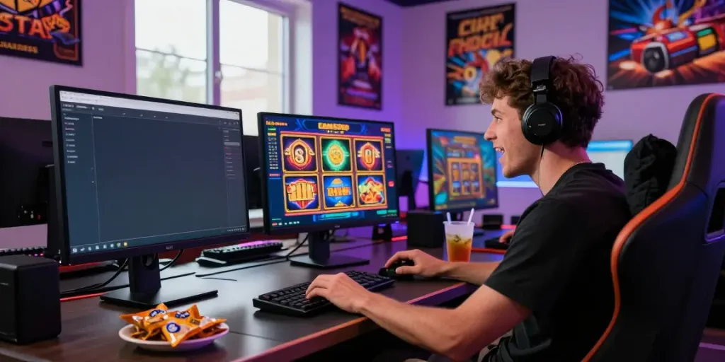 Player enjoying slots not on Gamstop in a vibrant gaming environment with snacks and LED lighting.