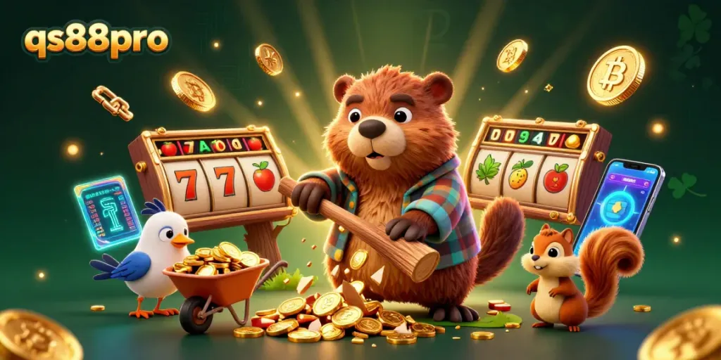 Spin the slots and win with qs88pro - a lively scene of fun characters and golden coins!