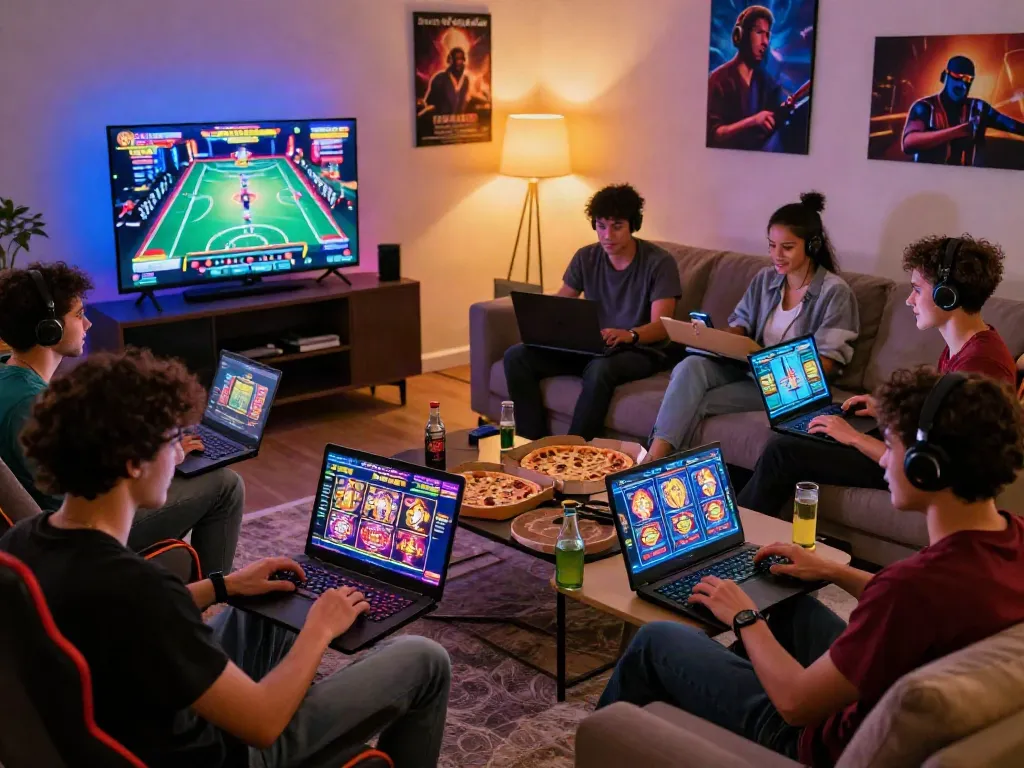 Exciting scene of friends enjoying slots not on Gamstop in a cozy living room.