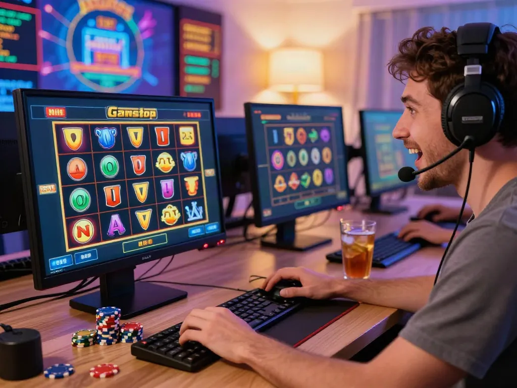 Player enjoying slots not on Gamstop at a colorful online casino setup