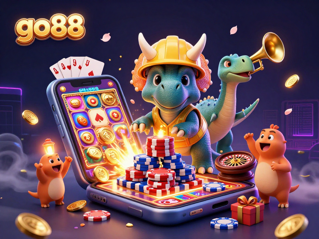 Experience thrilling wins with go88 as a triceratops builds a poker chip pyramid, celebrating casino fun.