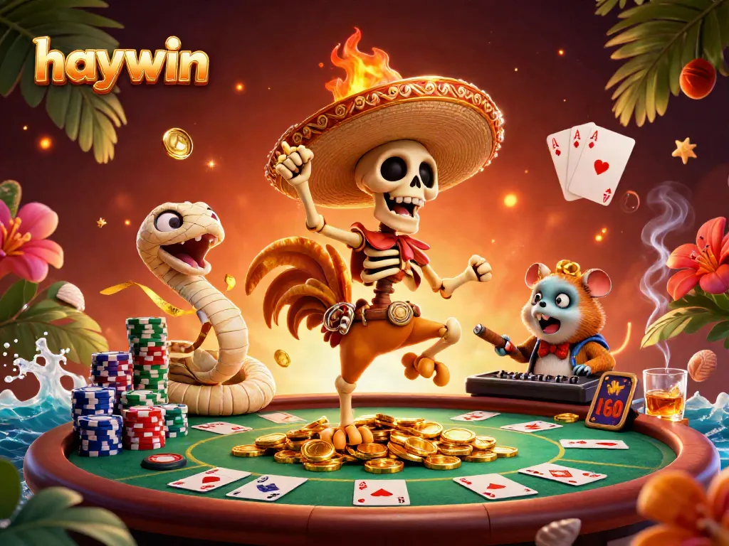 Experience lively gaming at haywin with colorful characters dancing amidst poker excitement.