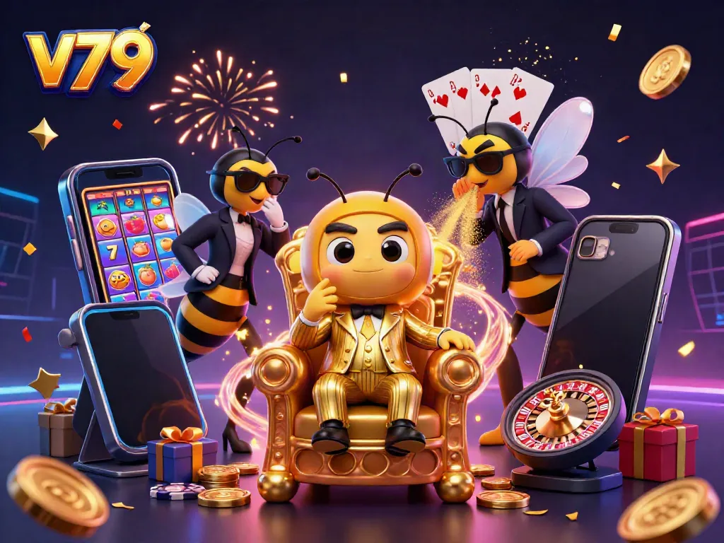Experience the thrilling world of v79 with an energetic 3D scene featuring a bumblebee mob boss amidst vibrant casino elements.