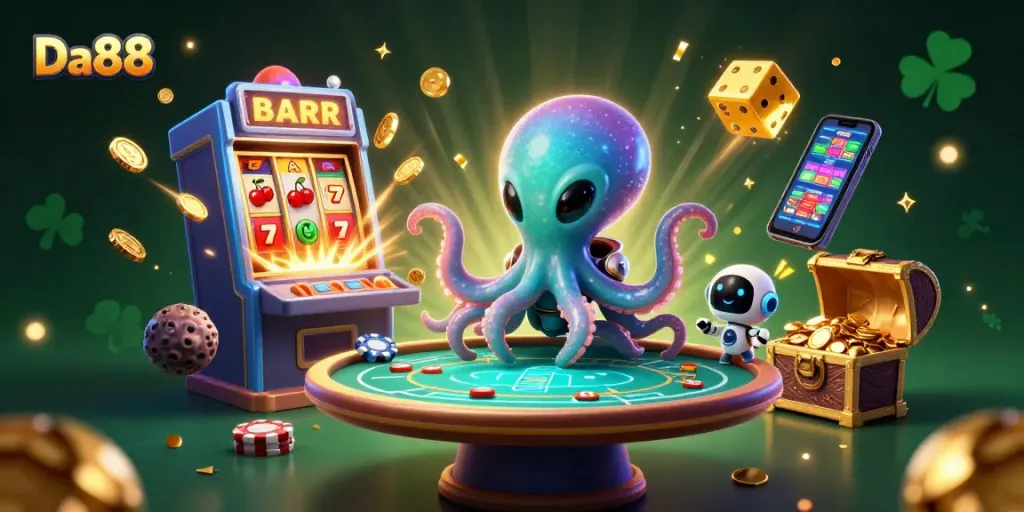 Experience thrilling gameplay at Da88 with a winning slot machine burst and vibrant casino elements.