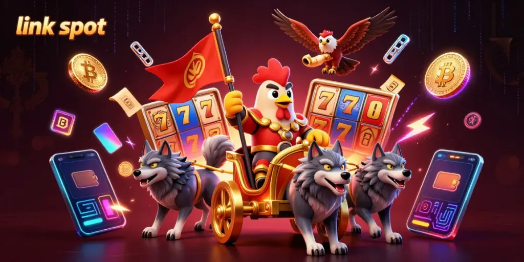 Engage with link slot action featuring a rooster warlord surrounded by dynamic casino elements.