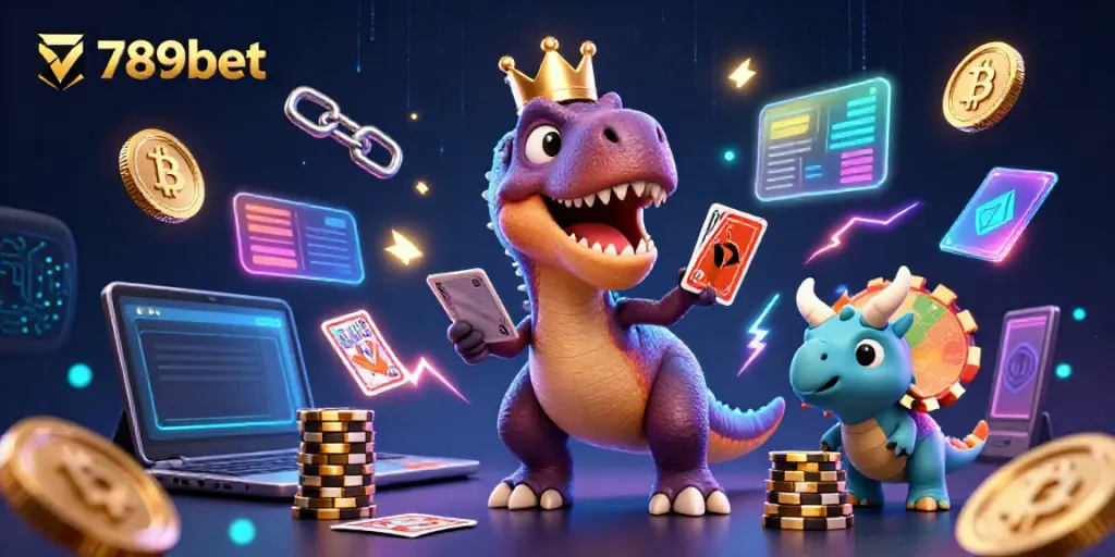 Engage with the vibrant world of 789bet as a friendly T-Rex shuffles cards, supported by companions in a dynamic casino scene.