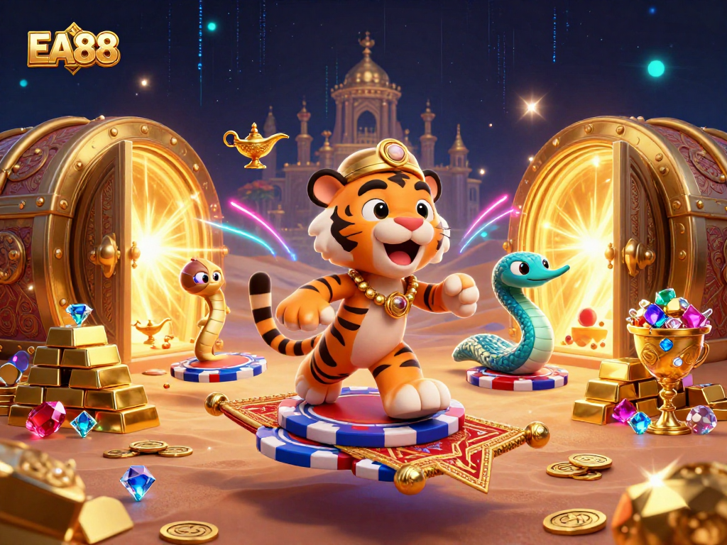 EA88 offers thrilling gaming experiences with a cartoon sultan riding magic carpet, surrounded by treasures.