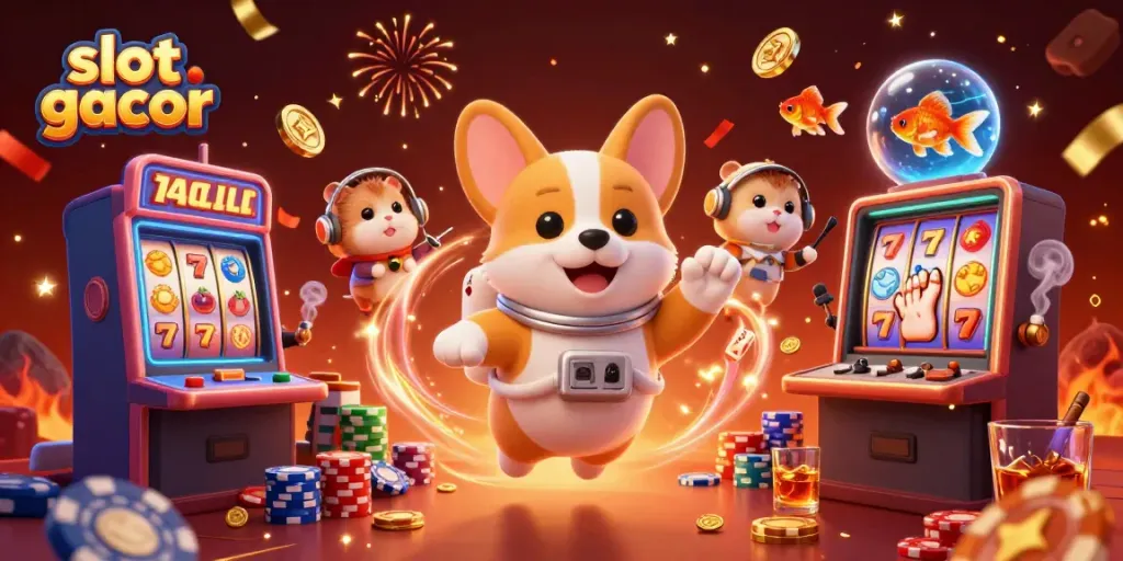 Experience slot gacor excitement with an astronaut corgi in a space casino, surrounded by colorful gambling elements.