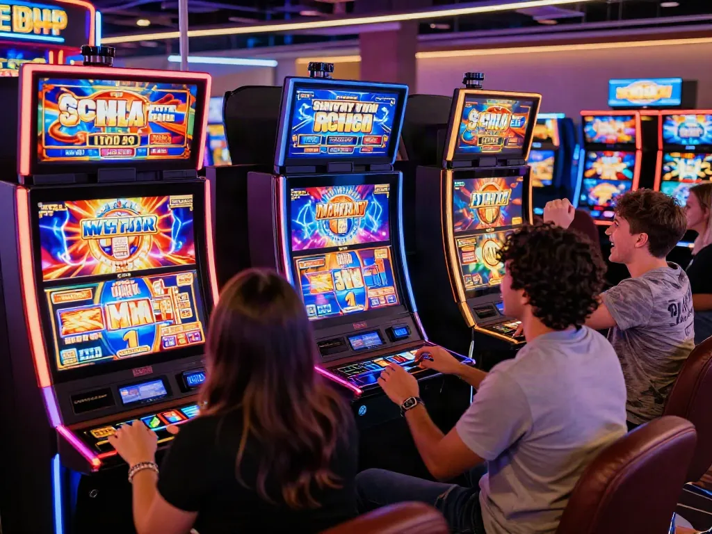 Players celebrating wins at slots not on GamStop in a vibrant casino atmosphere