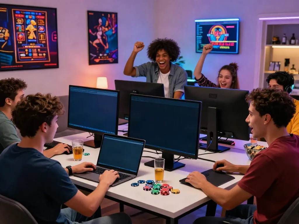 Friends enjoying slots not on gamstop in a cozy gaming room.