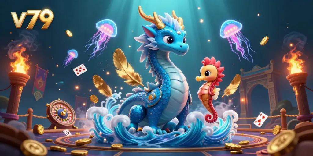 Experience thrilling gameplay at v79, featuring an epic azure dragon and seahorse knight in a vibrant casino scene.