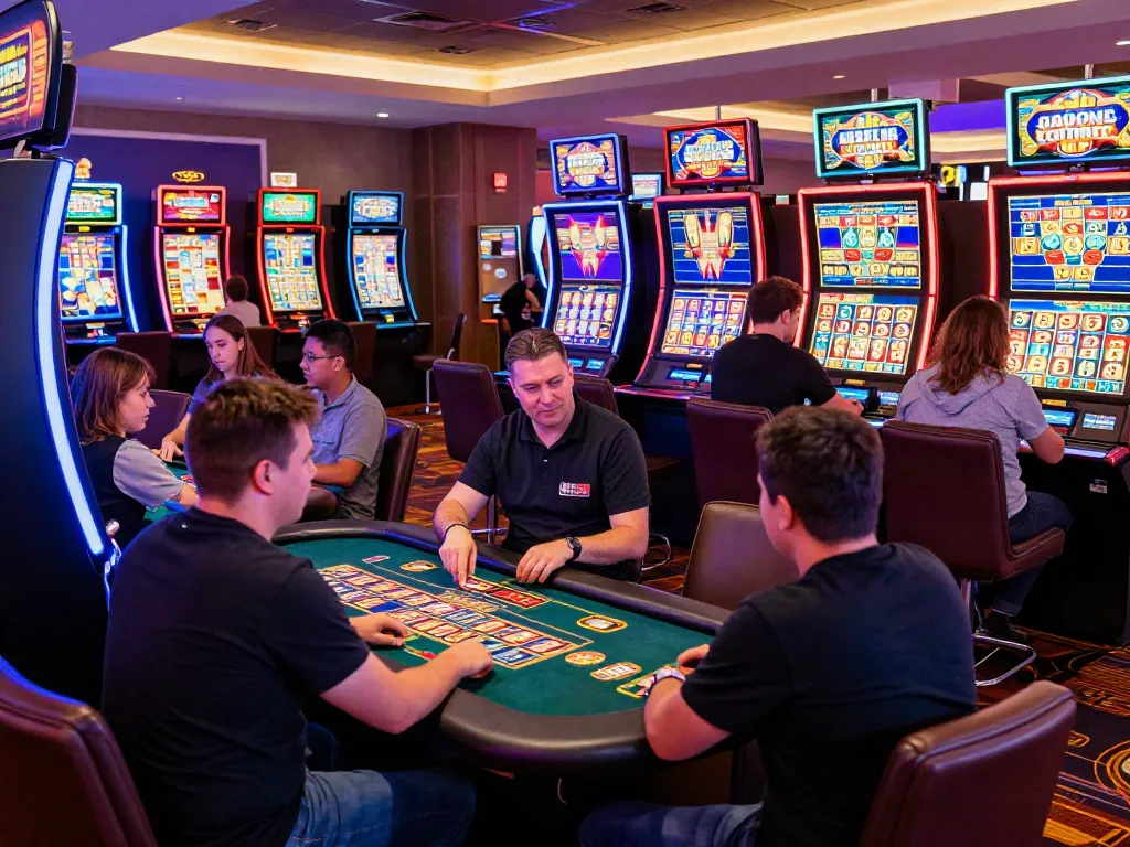 Exciting scene of players at vibrant casino with slots not on gamstop.