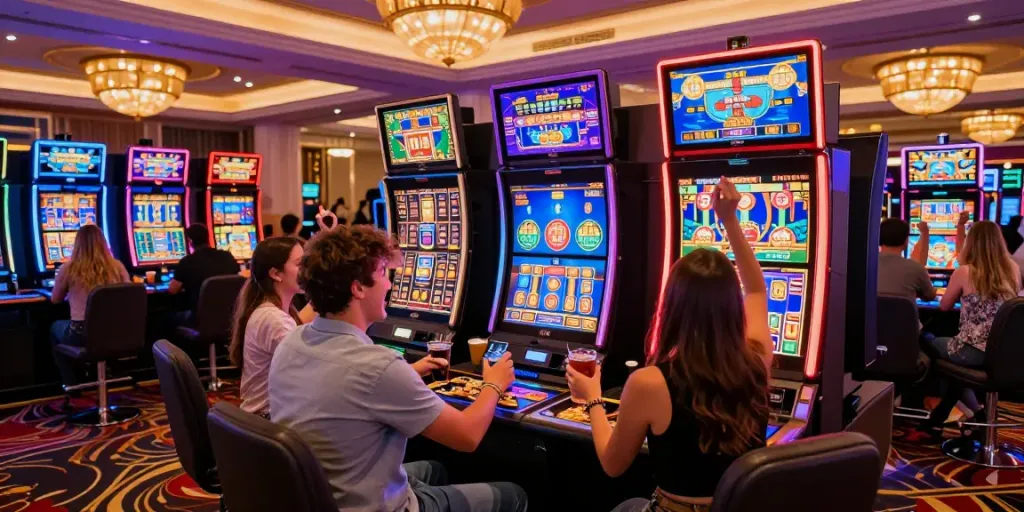 Friends enjoying slots not on Gamstop in a lively casino atmosphere.